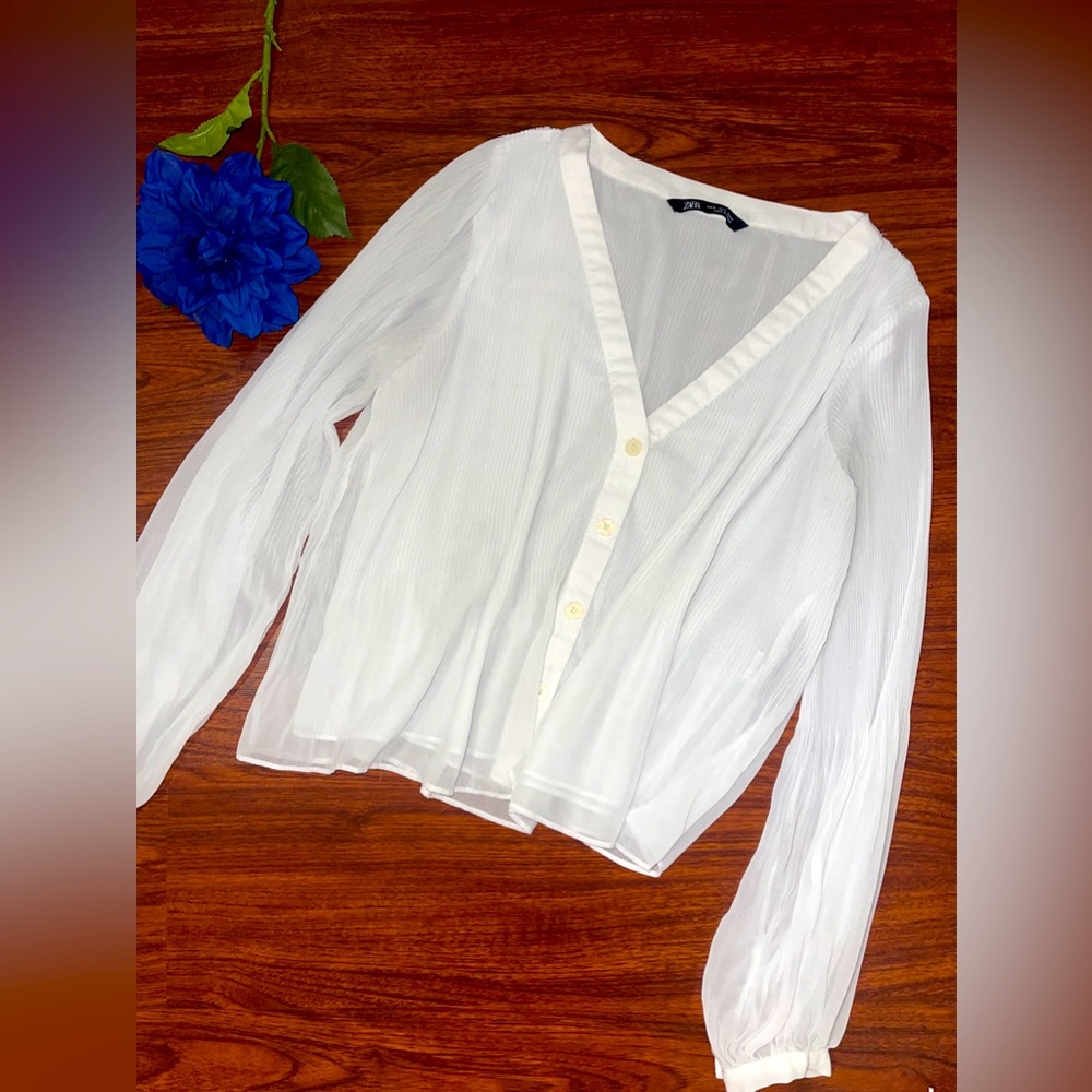 Zara White Sheer Button-Front V-Neck Blouse
